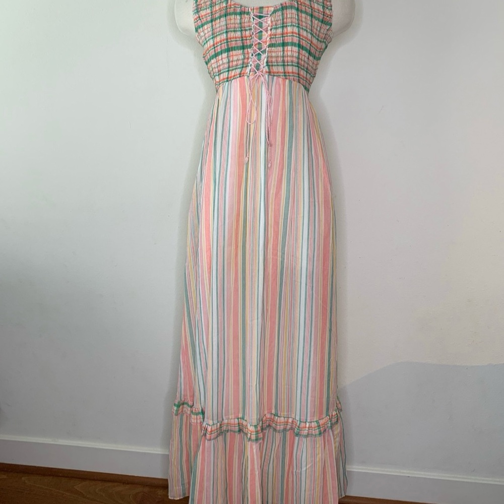 Vintage 70s Colorful Striped Dress with Ruffle Sleeves - Picture 4 of 9